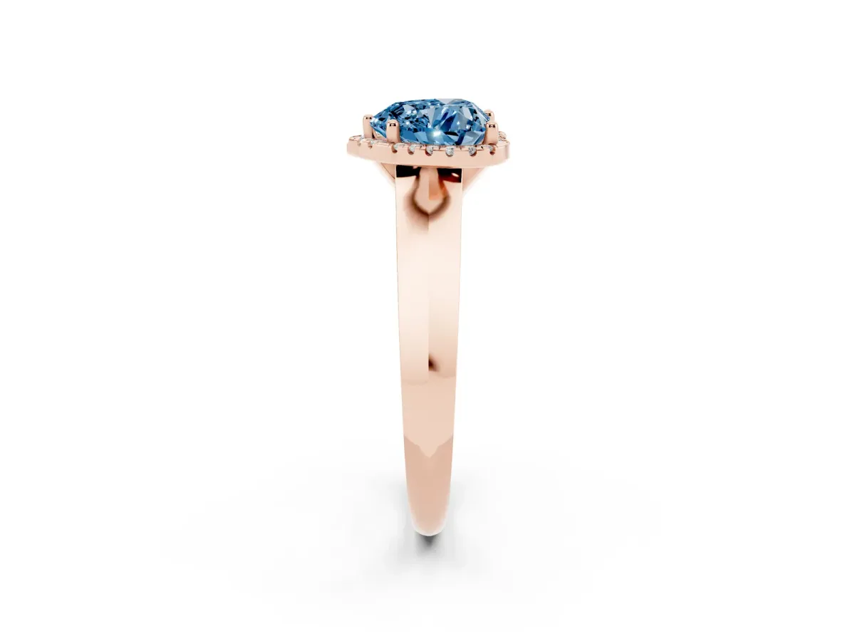 Fancy Blue Heart Cut Halo Diamond Ring with Cathedral Band and Four-Prong Setting Rose gold