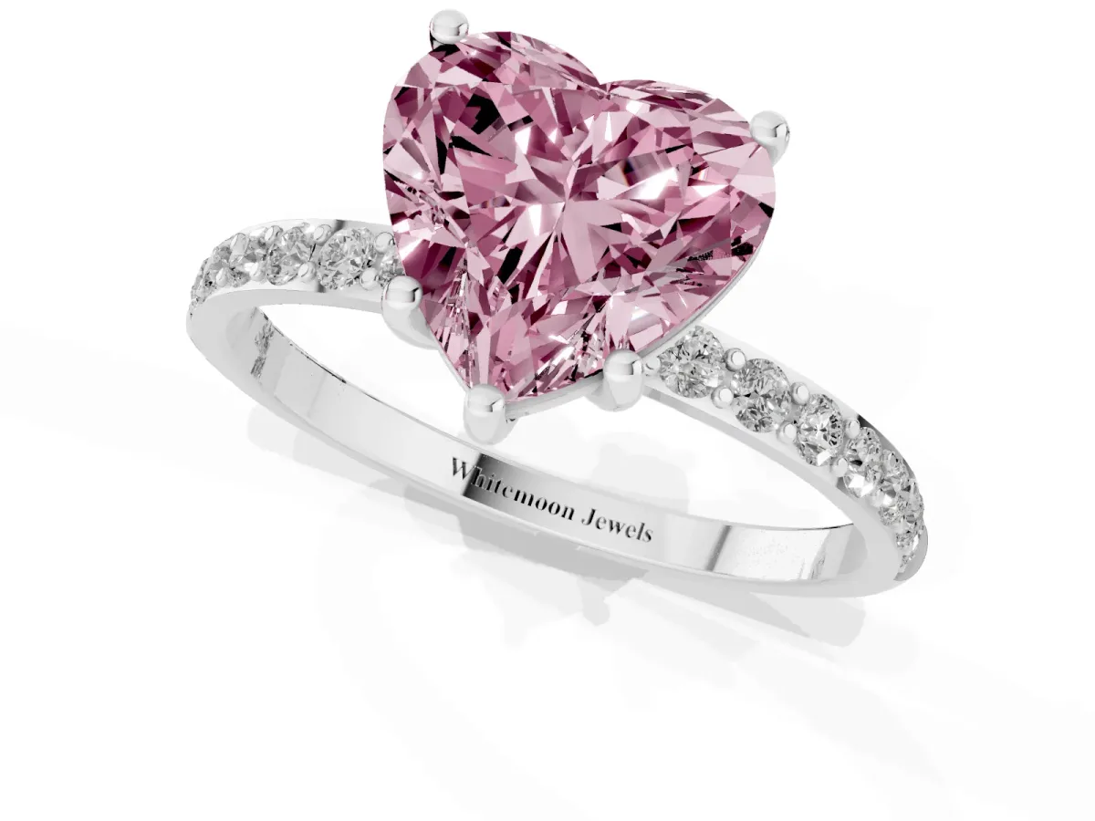 Fancy Pink Heart Cut Diamond Solitaire Ring with Round Pavé Shoulders and Prong Setting Silver