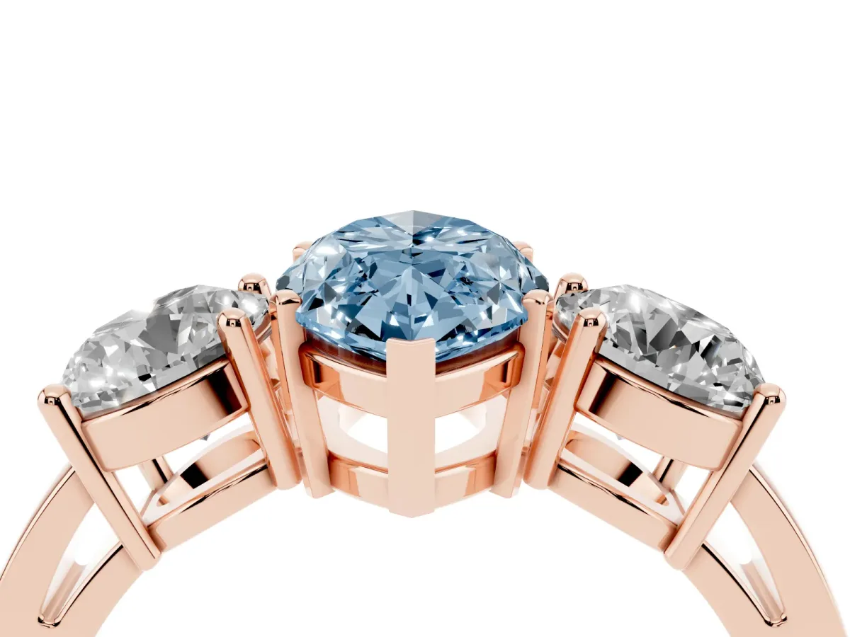 Fancy Blue Three-Stone Marquise Cut Diamond Ring with Round Side Stones, Classic Band, and Four-Prong Setting Rose gold