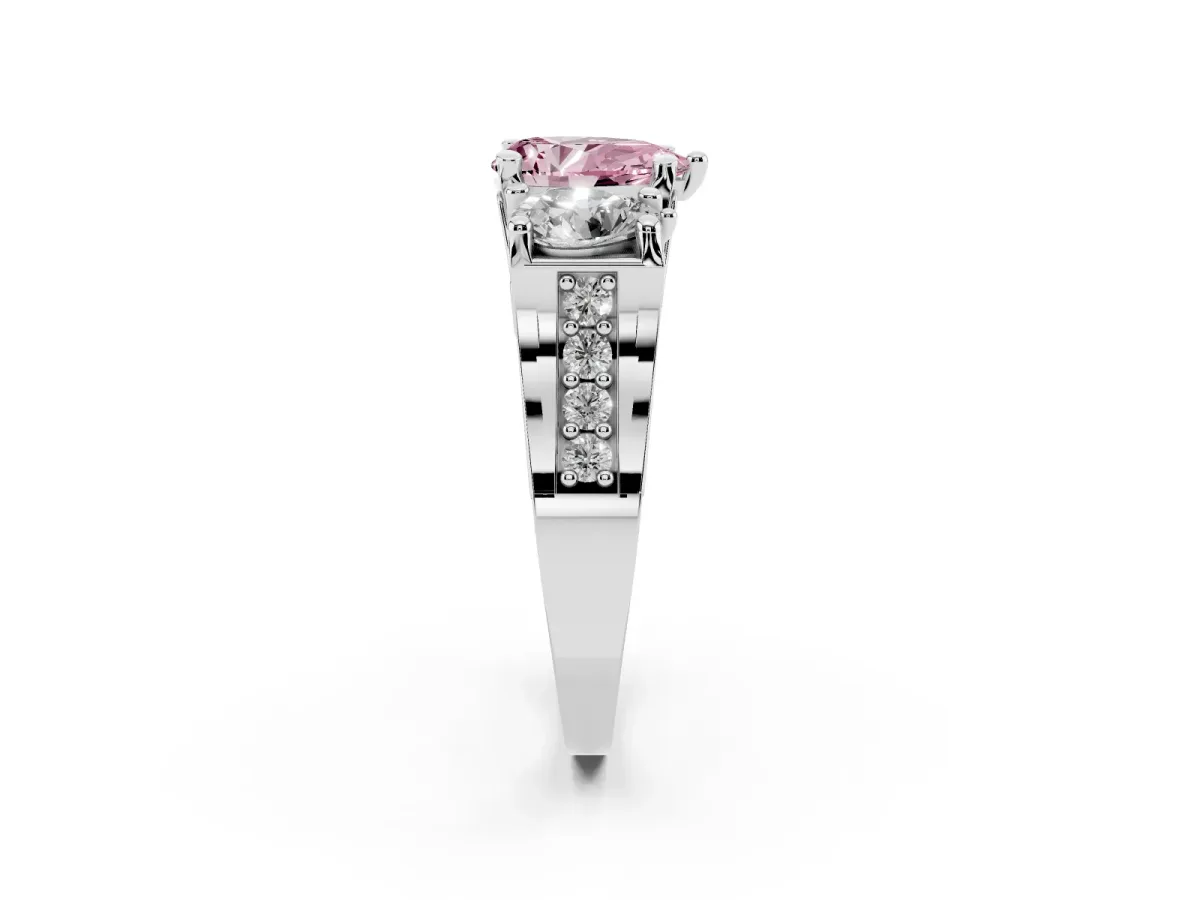 Fancy Pink Pear Cut Diamond Three-Stone Ring with Channel Set Band and Four-Prong Setting Silver