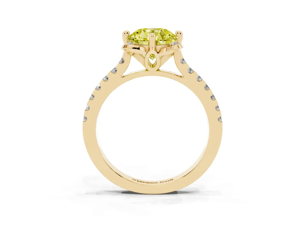 Fancy Yellow Round Cut Diamond Ring with Pavé Band and Floral Prong Setting Yellow gold