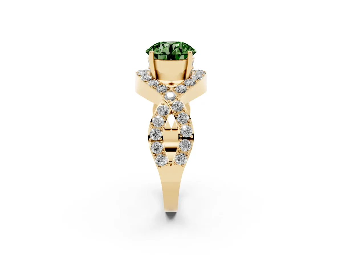 Fancy Green Round Cut Solitaire Twist Band Pavé Diamond Engagement Ring Yellow gold