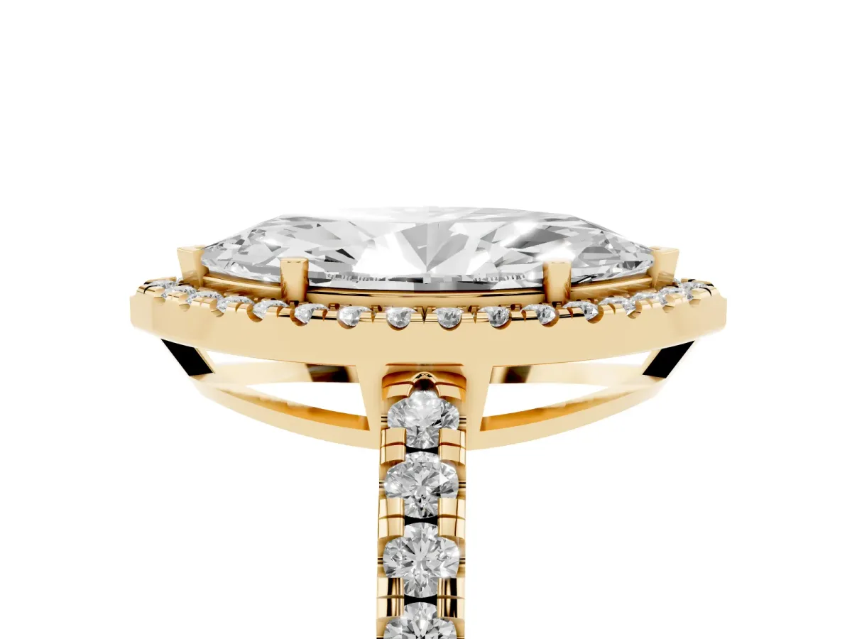 Marquise Cut Diamond Halo Ring with Pavé Band and Four-Prong Setting Yellow gold