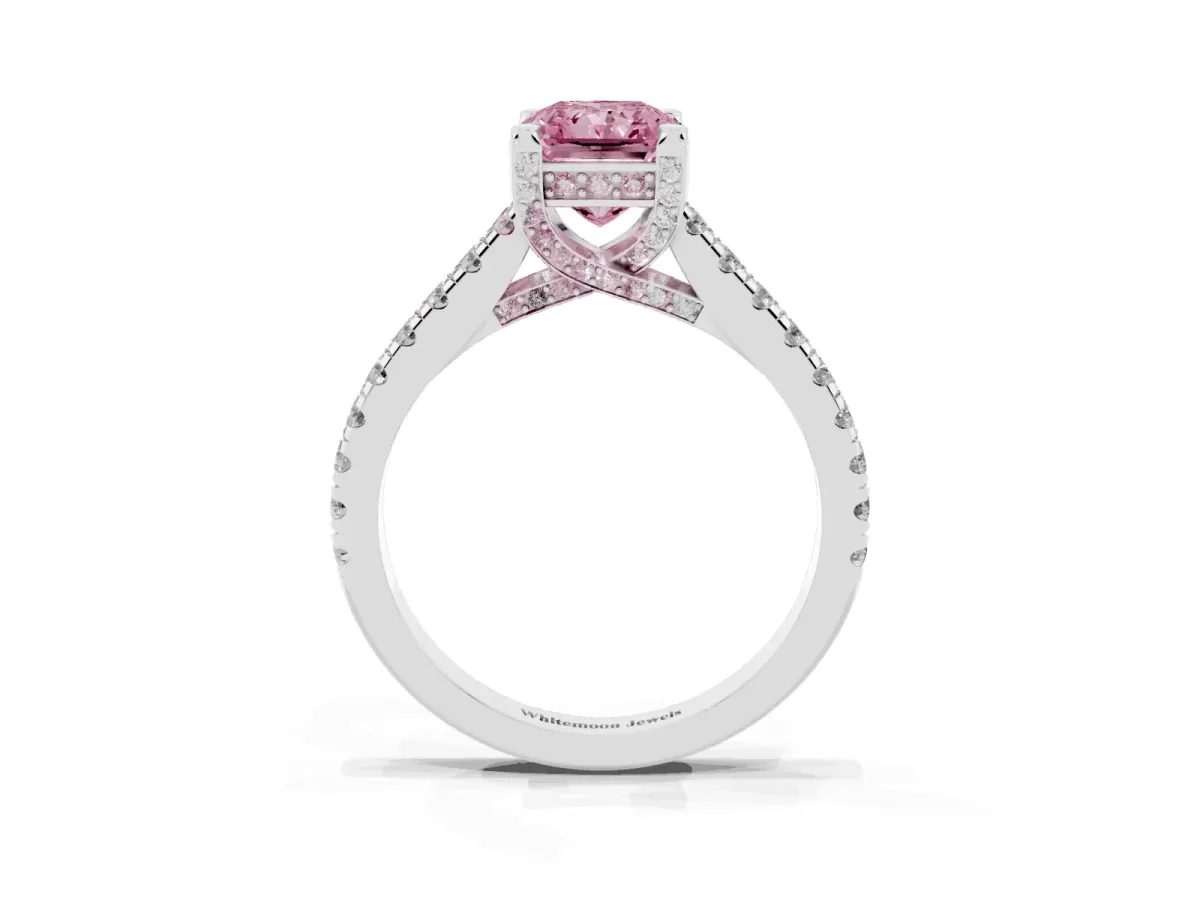 Fancy Pink Radiant Cut Brilliant Diamond Solitaire with Pavé Band and Four-Prong Setting Platinum