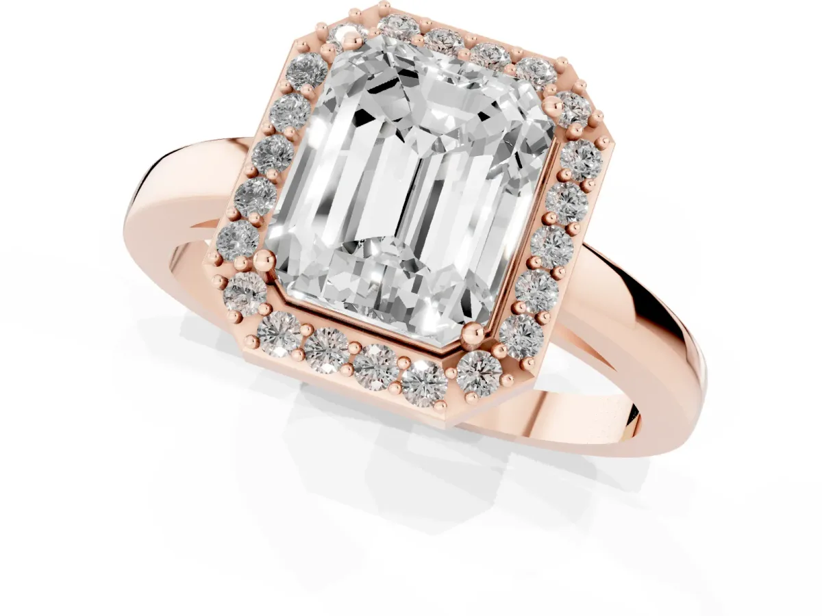 Radiant Cut Halo Diamond Ring with Solitaire Band and Prong Setting Rose gold