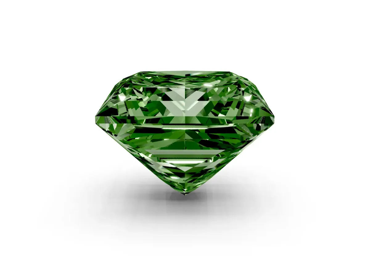 Fancy Green Princess Cut Halo Diamond Ring with Milgrain and Bezel Accents on a Split Shank Band Yellow gold