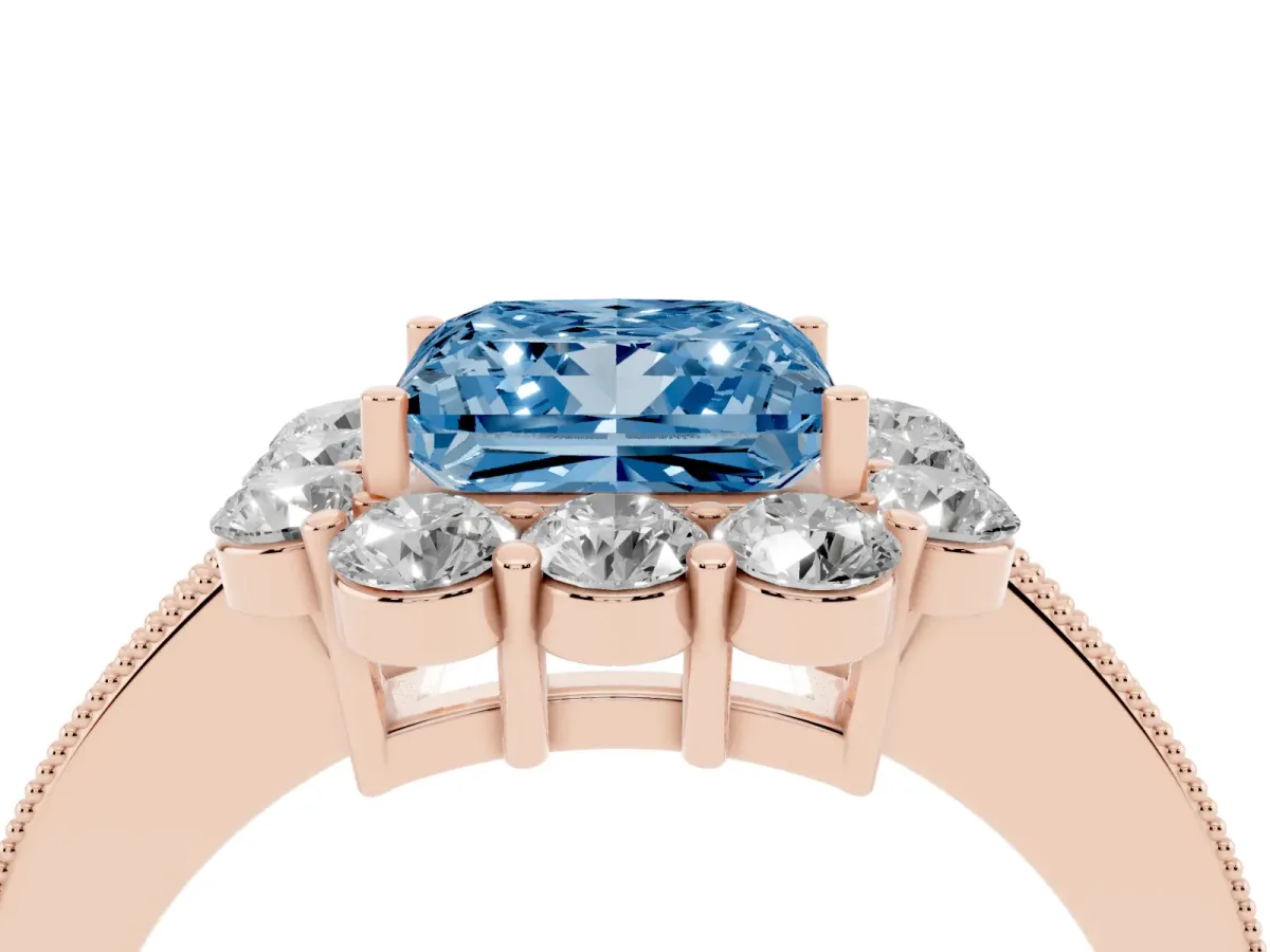 Fancy Blue Princess Cut Cut Halo Diamond Pavé Engagement Ring with Milgrain Detailing Rose gold