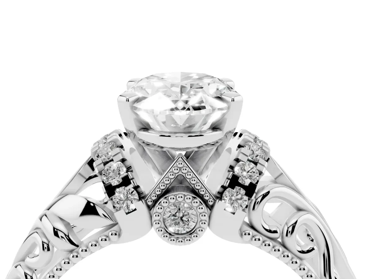 Oval Cut Solitaire Filigree Engagement Ring with Halo and Prong Setting Platinum