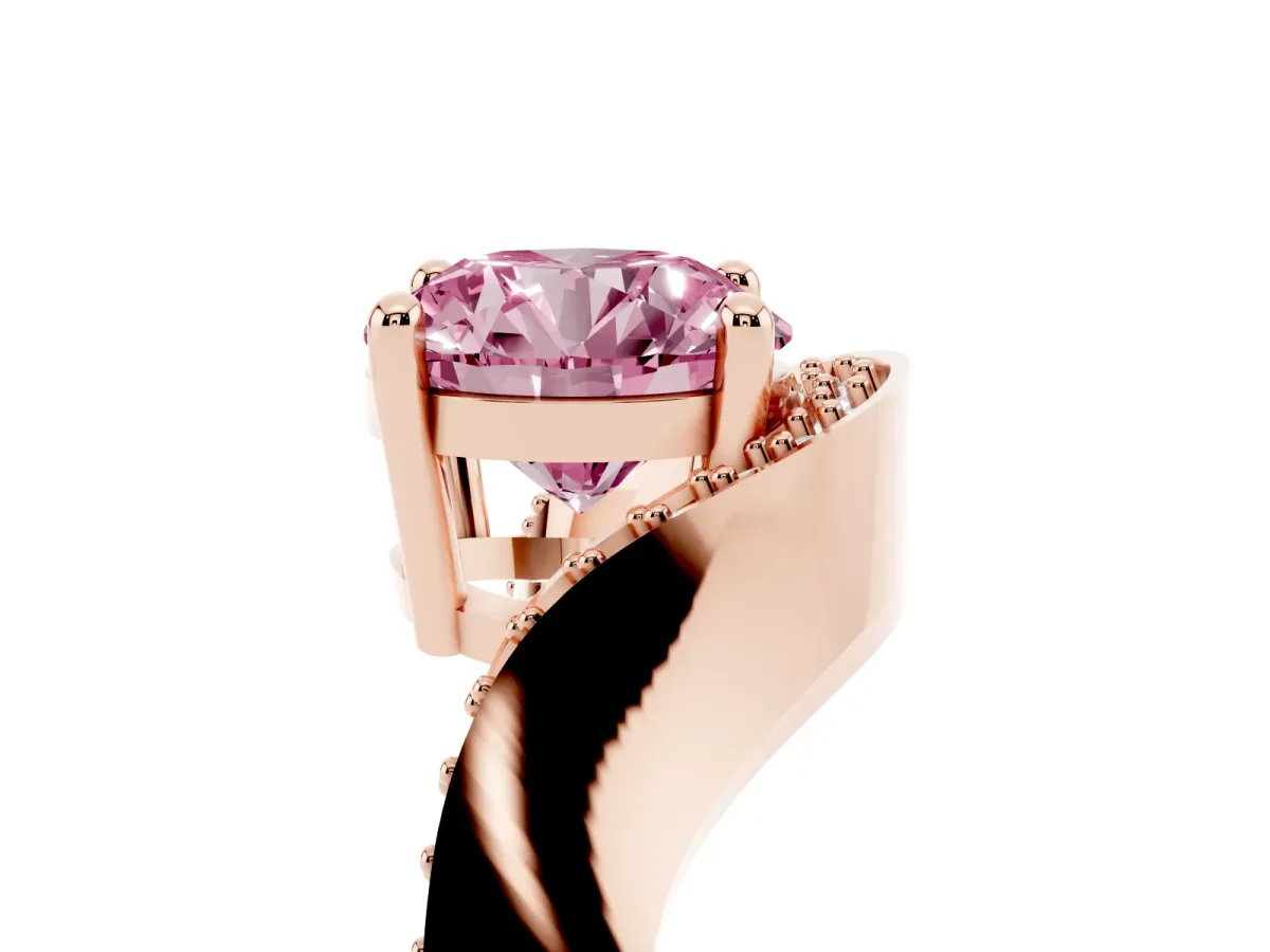 Fancy Pink Round Cut Solitaire Diamond Engagement Ring with Pave Band and Four-Prong Setting Rose gold