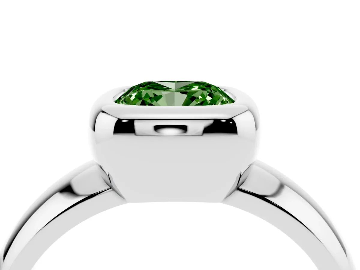 Fancy Green Bezel Set Cushion Cut Solitaire Ring with Wide Band Silver