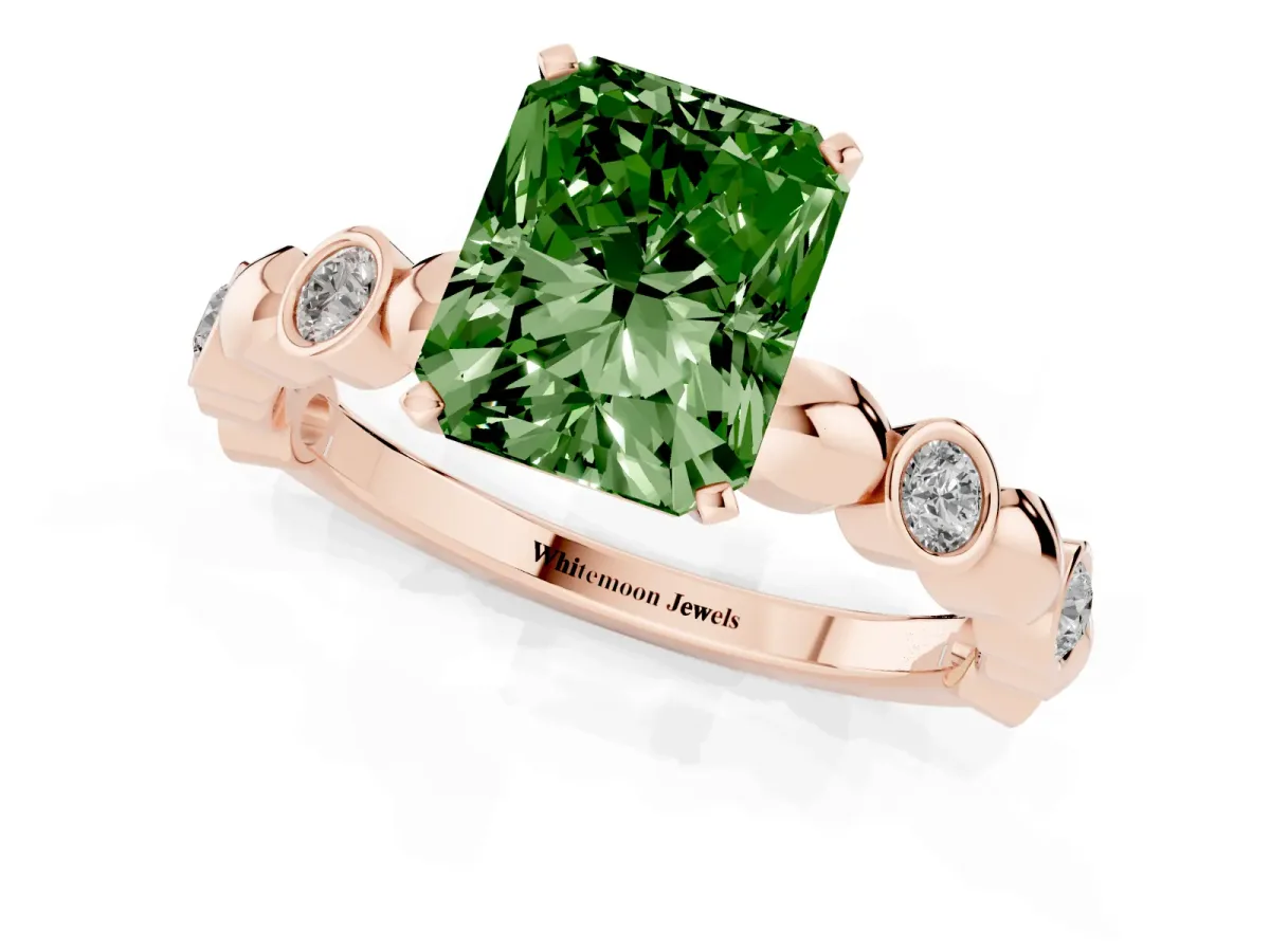 Fancy Green Radiant Cut Solitaire Bezel-Set Diamond Ring with Beaded Band and Four-Prong Setting Rose gold