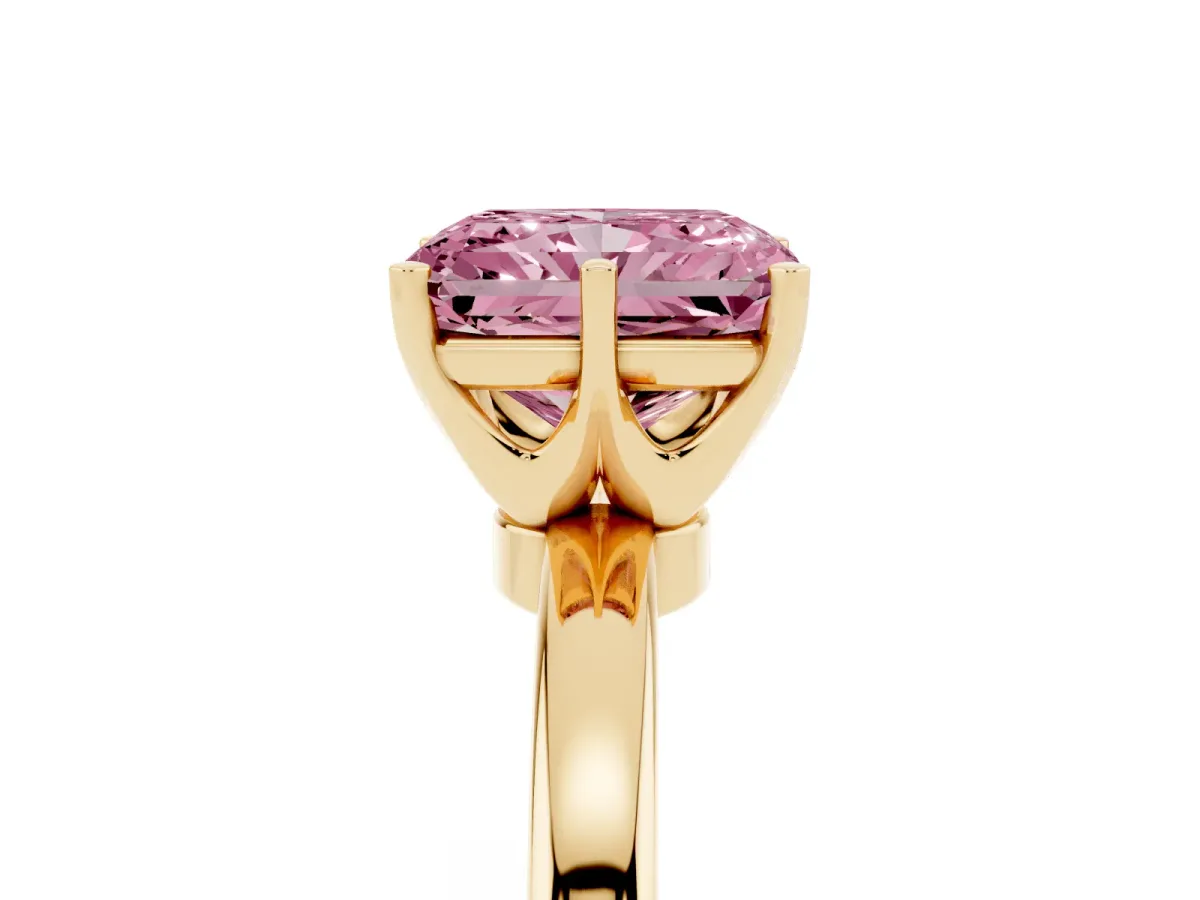 Fancy Pink Radiant Cut Solitaire Diamond Ring with Six-Prong Setting on a Classic Band Yellow gold