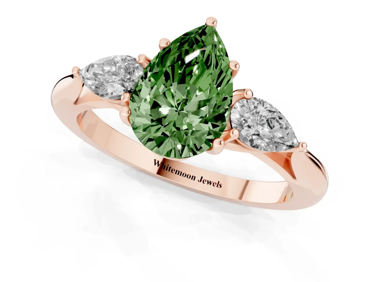 Fancy Green Pear Cut Diamond Three-Stone Ring with Pear Side Stones and Prong Setting Rose gold