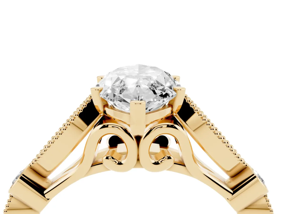 Marquise Cut Cut Diamond with Milgrain Marquise and Bezel Accents on a Solitaire Band with Prong Setting Yellow gold
