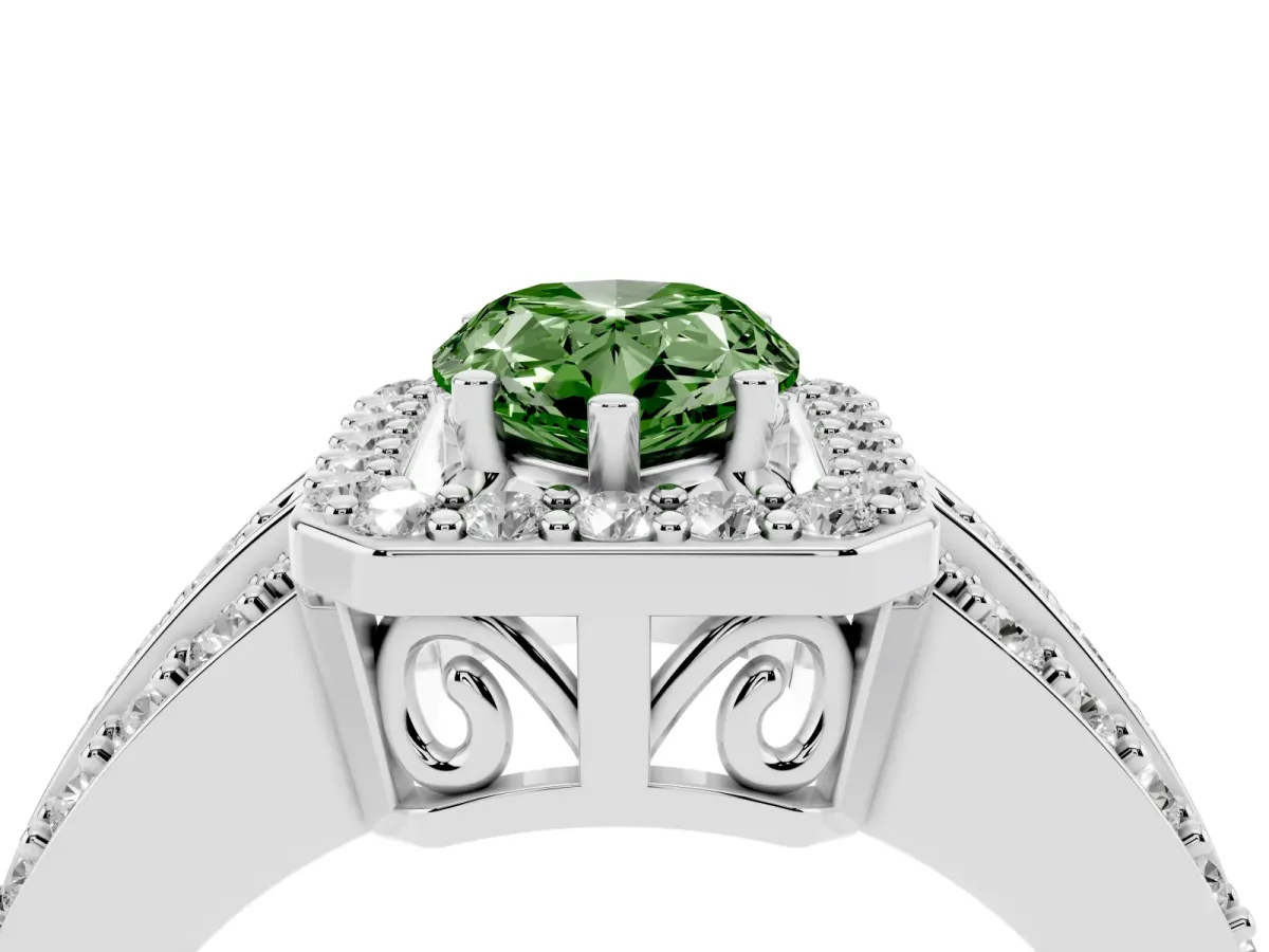 Fancy Green Pear Cut Halo Diamond Ring with Round Split Shank and Prong Setting Platinum