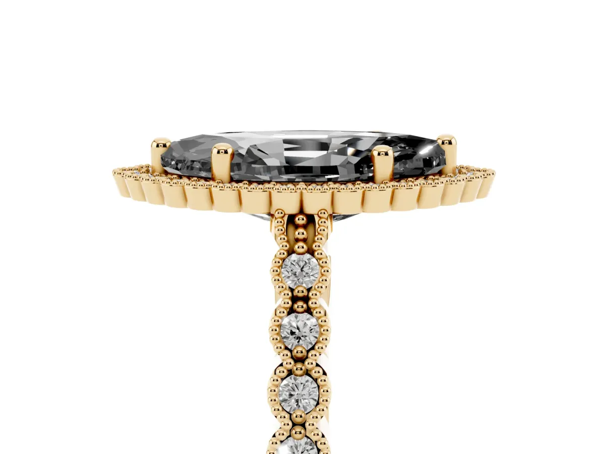 Fancy Black Marquise Cut Cut Halo Pavé Solitaire Ring with Milgrain Band Yellow gold