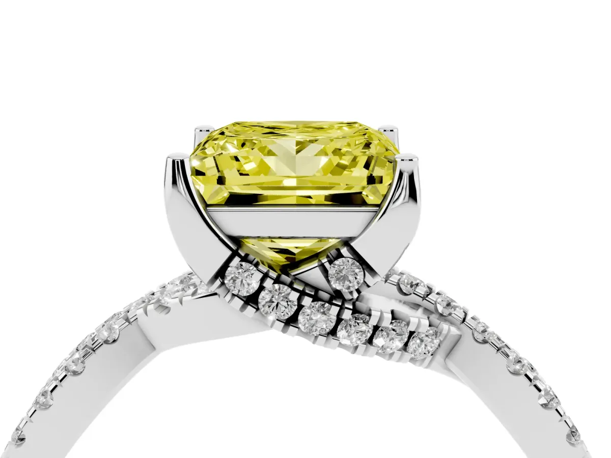 Fancy Yellow Princess Cut Solitaire Twist Pave Diamond Engagement Ring with Prong Setting Silver