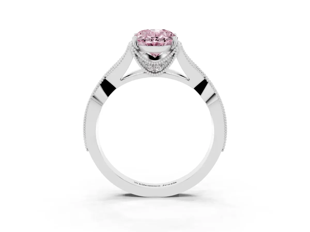 Fancy Pink Oval Cut Cut Diamond Twisted Band with Milgrain Pave Setting and Four-Prong Setting Silver