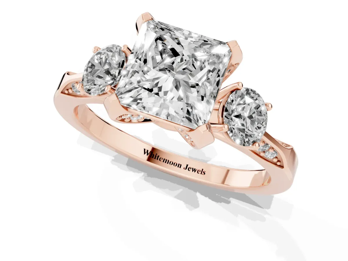 Princess Cut Brilliant Three-Stone Diamond Ring with Pavé Band and Four-Prong Setting Rose gold