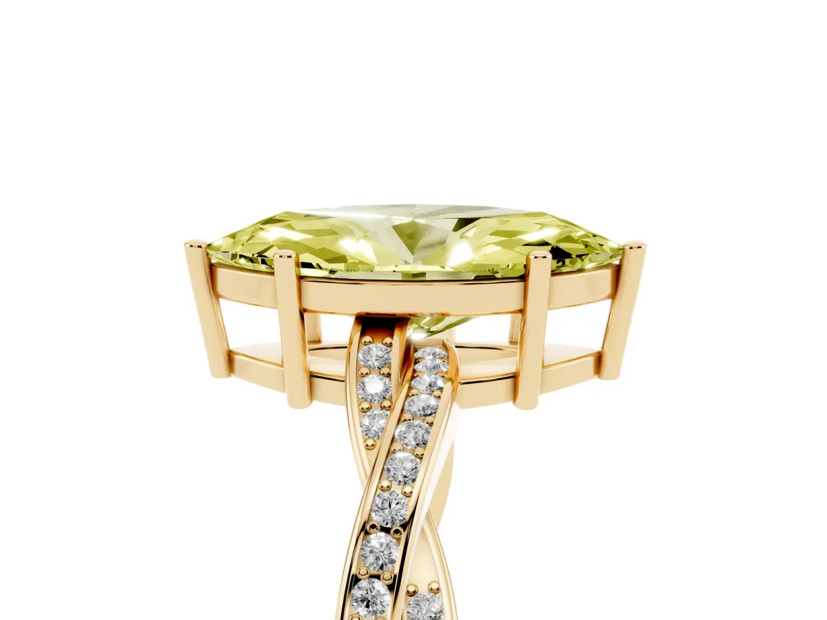 Fancy Yellow Marquise Cut Solitaire Twisted Pave Diamond Ring with Four-Prong Setting Yellow gold
