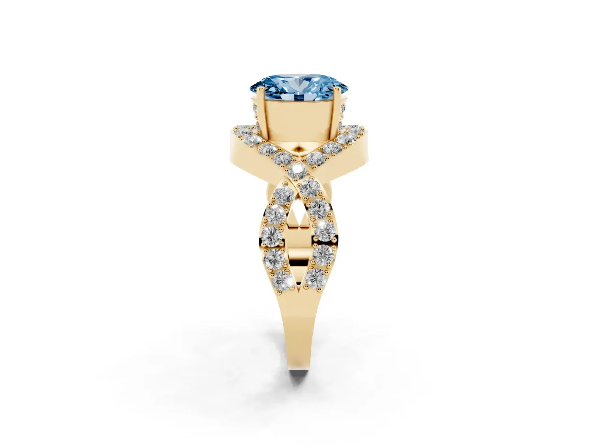 Fancy Blue Oval Cut Solitaire Twist Band Pavé Diamond Engagement Ring Yellow gold