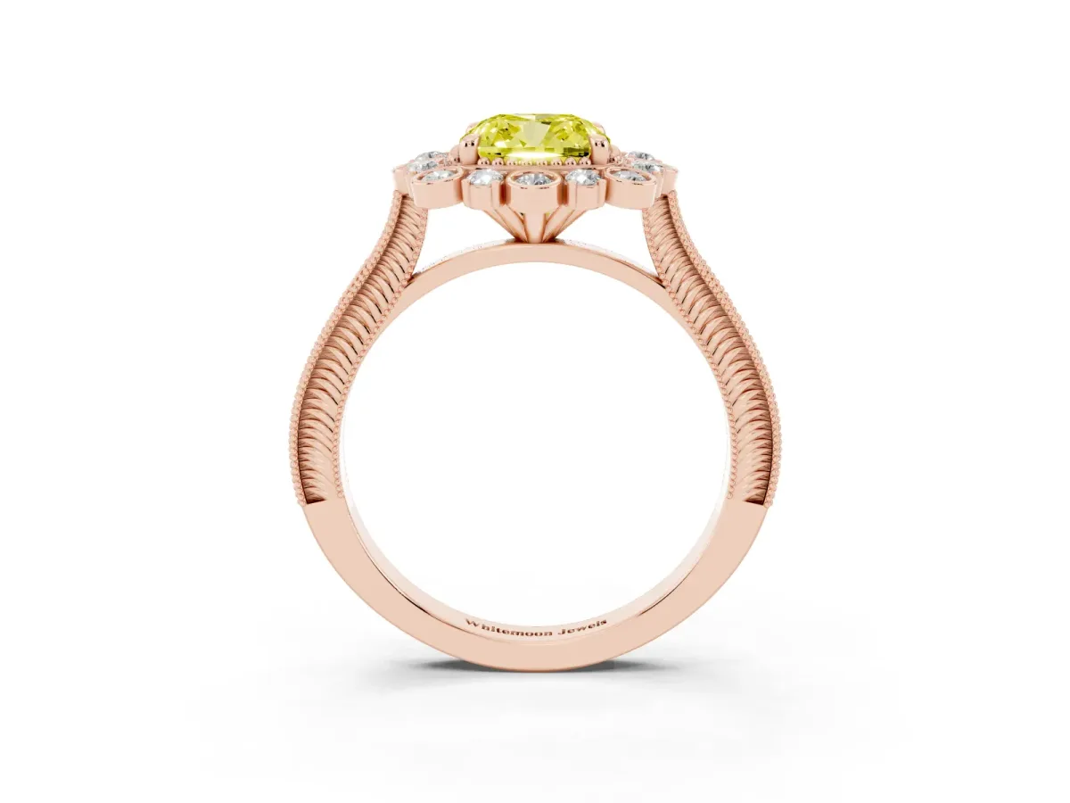 Fancy Yellow Cushion Cut Halo Milgrain Pave Diamond Ring with Four-Prong Setting Rose gold