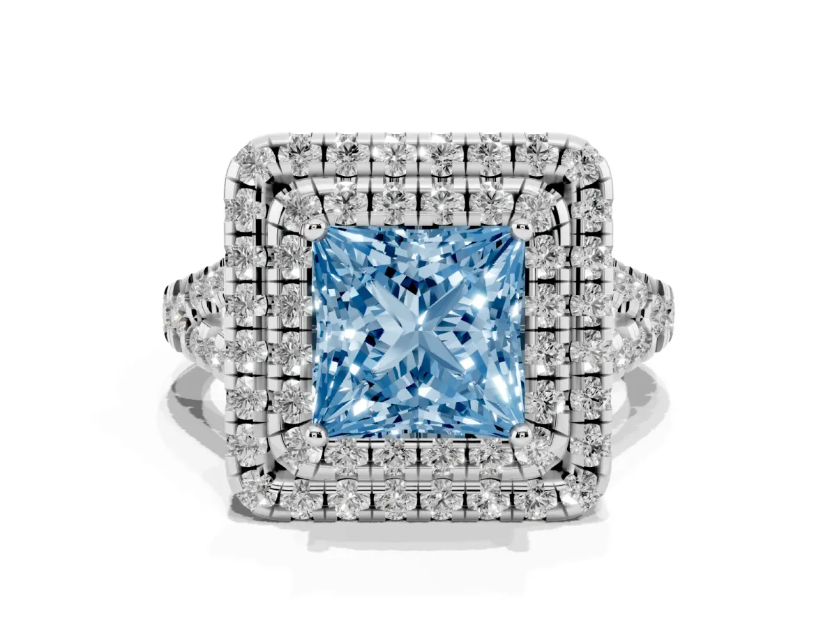 Fancy Blue Double Halo Princess Cut Diamond Pavé Split Shank Ring with Prong Setting Platinum