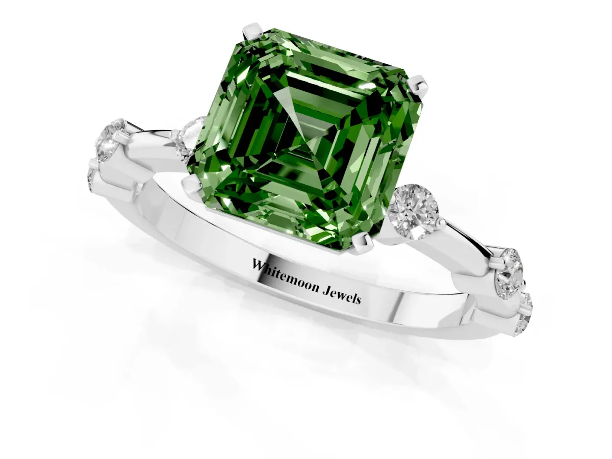 Fancy Green Asscher Cut Solitaire Diamond Ring with Bezel Set Side Stones and Prong Setting Silver
