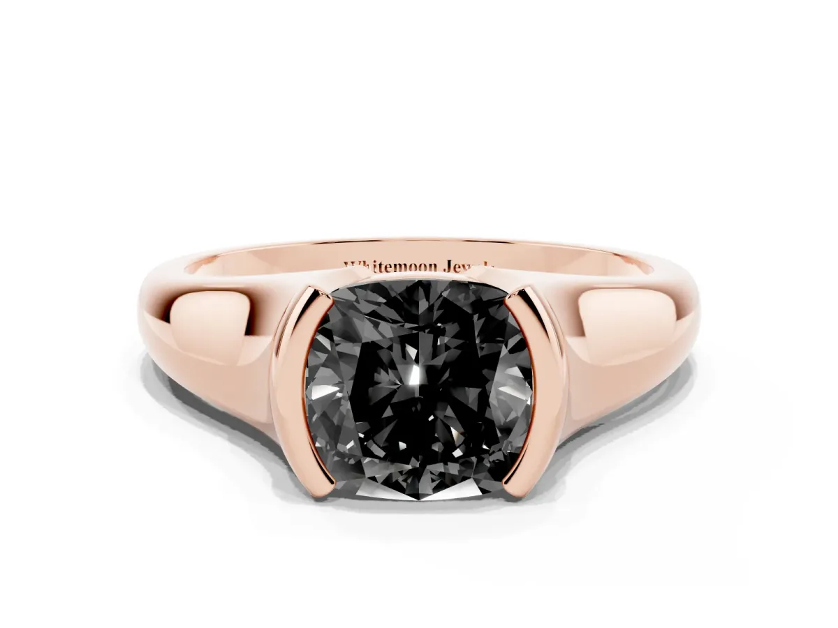 Fancy Black Cushion Cut Solitaire Tension Set Diamond Ring with Split Shank Band Rose gold