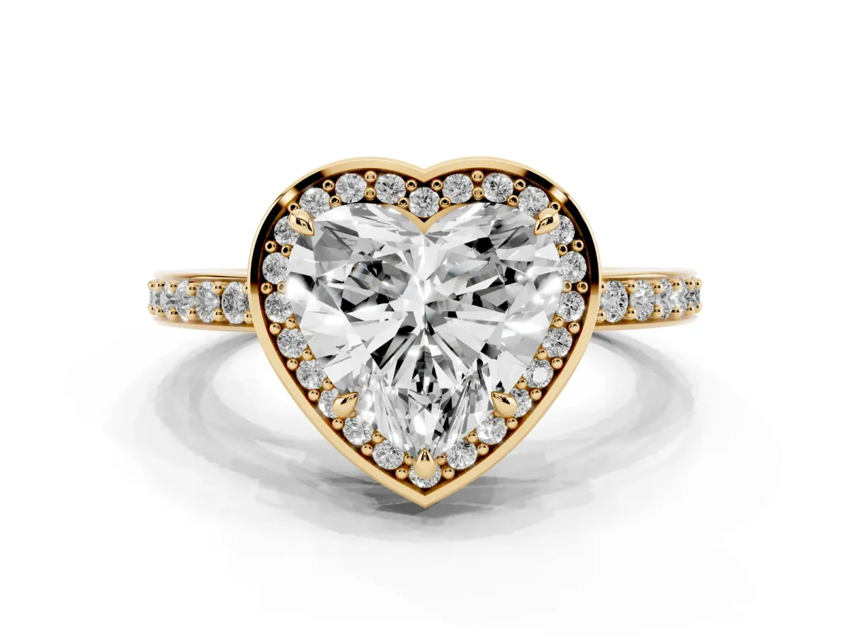Heart Cut Halo Pave Band Solitaire Ring with Prong Setting Yellow gold