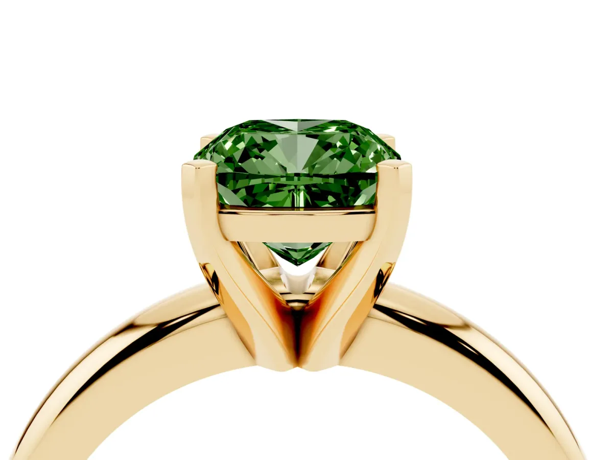 Fancy Green Cushion Cut Diamond Solitaire Engagement Ring with Round Band and Four-Prong Setting Yellow gold