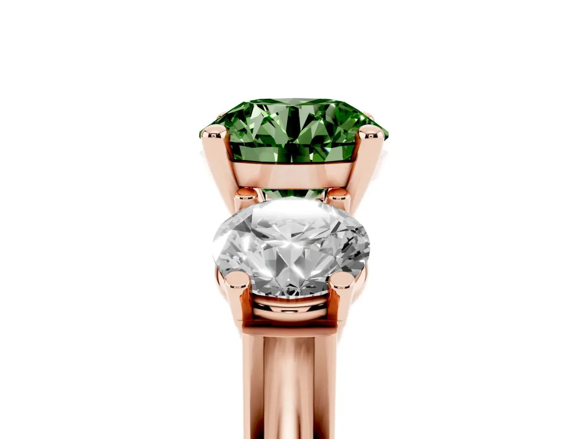 Fancy Green Three-Stone Round Cut Brilliant Diamond Trellis Ring with Comfort Fit Band Rose gold