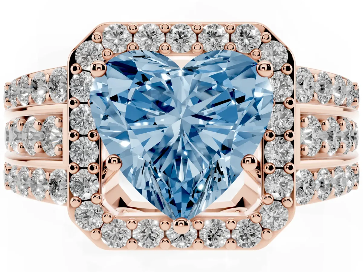 Fancy Blue Heart Cut Halo Diamond Ring with Round Split Shank and Prong Setting Rose gold