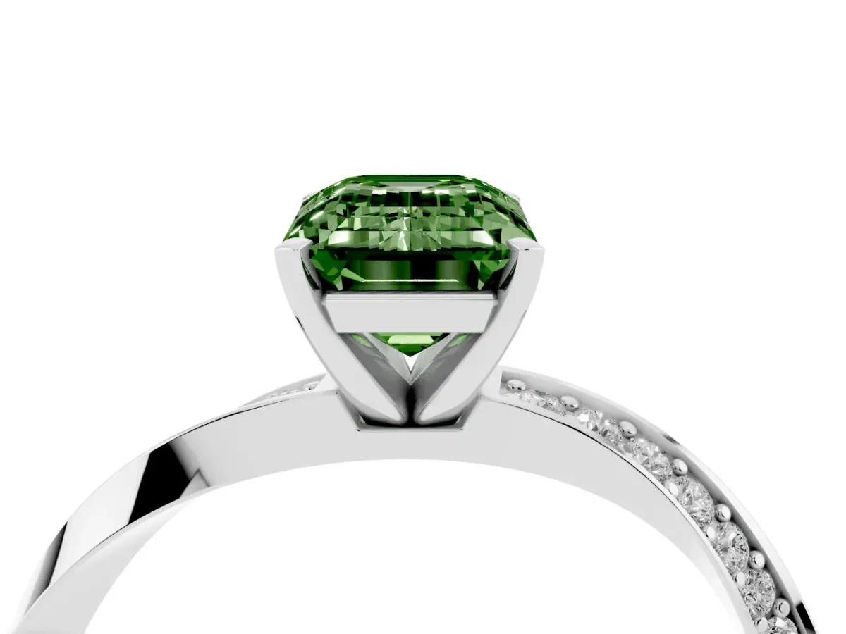 Fancy Green Emerald Cut Diamond Engagement Ring with Side Stone Accents and Four-Prong Setting Silver