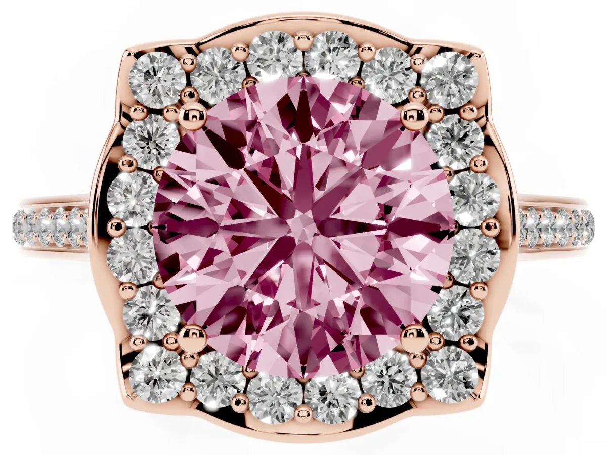 Fancy Pink Round Cut Halo Round Diamond Pave Band with Four-Prong Setting Rose gold