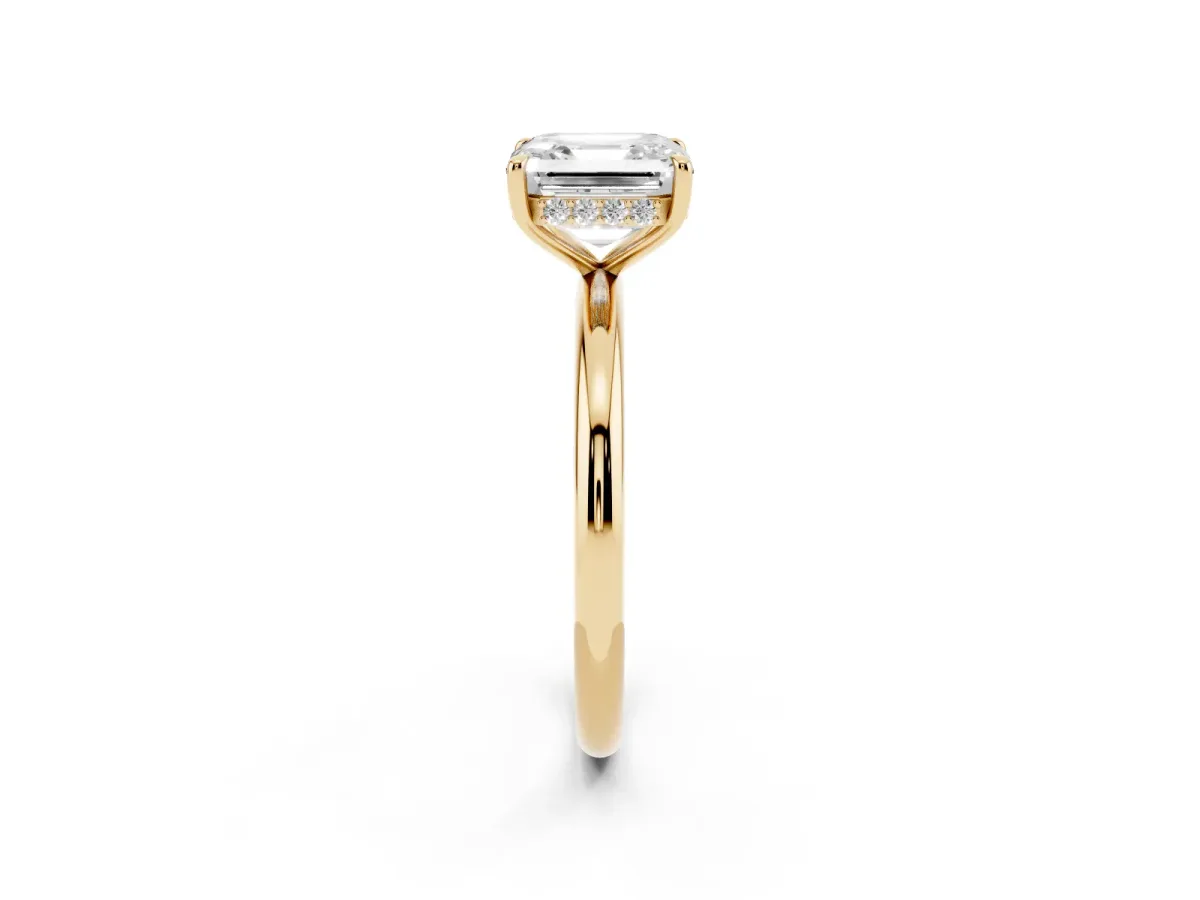 Asscher Cut Diamond Solitaire Ring with Thin Band and Four-Prong Setting Yellow gold