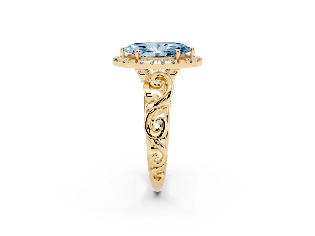 Fancy Blue Marquise Cut Cut Halo Diamond Ring with Scrollwork Band and Four-Prong Setting Yellow gold