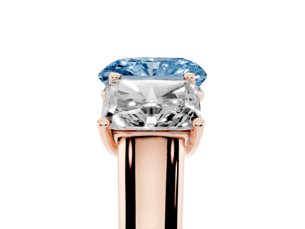 Fancy Blue Radiant Cut Three-Stone Diamond Ring with Prong Setting on a Classic Band Rose gold