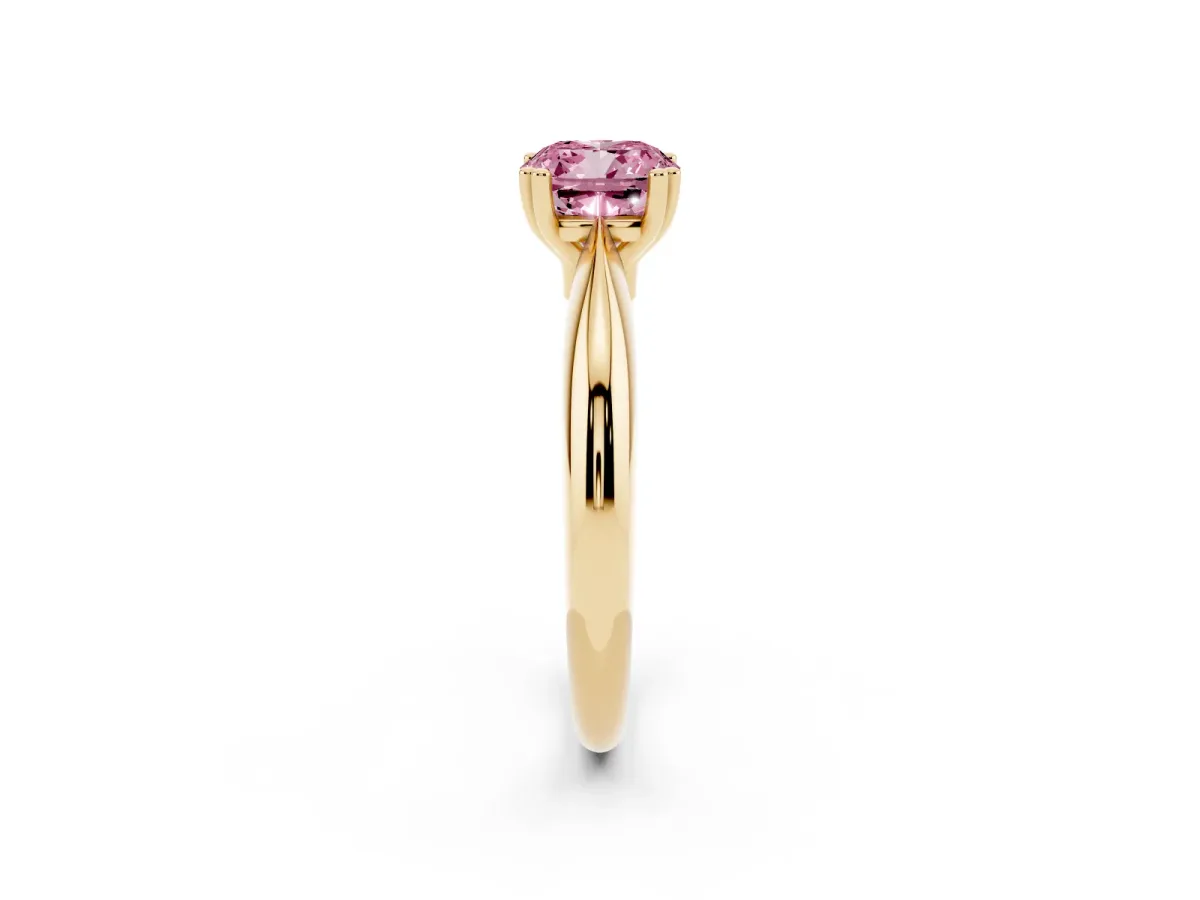 Fancy Pink Cushion Cut Cut Solitaire Engagement Ring with Tapered Band and Four-Prong Setting Yellow gold