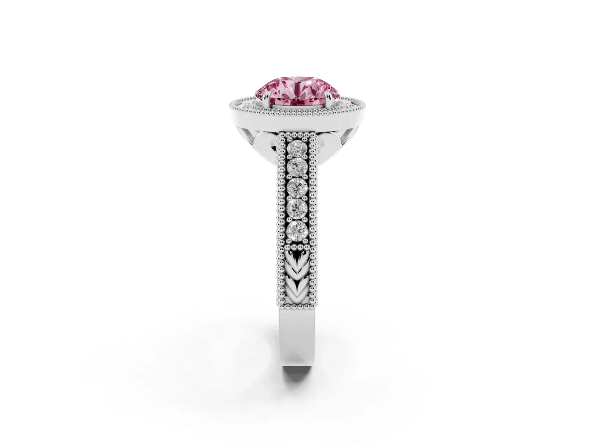Fancy Pink Round Cut Cut Halo Diamond Ring with Pavé Band and Four-Prong Setting White gold