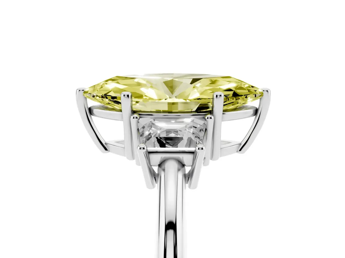 Fancy Yellow Marquise Cut Diamond Three-Stone Ring with Trapezoid Side Stones and Prong Setting Silver
