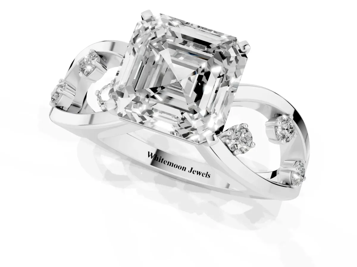 Asscher Cut Cut Solitaire Diamond with Side Stones on Criss-Cross Band and Four-Prong Setting Platinum