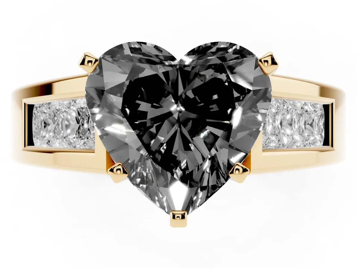 Fancy Black Heart Cut Cut Channel Set Solitaire Ring with Four-Prong Setting Yellow gold
