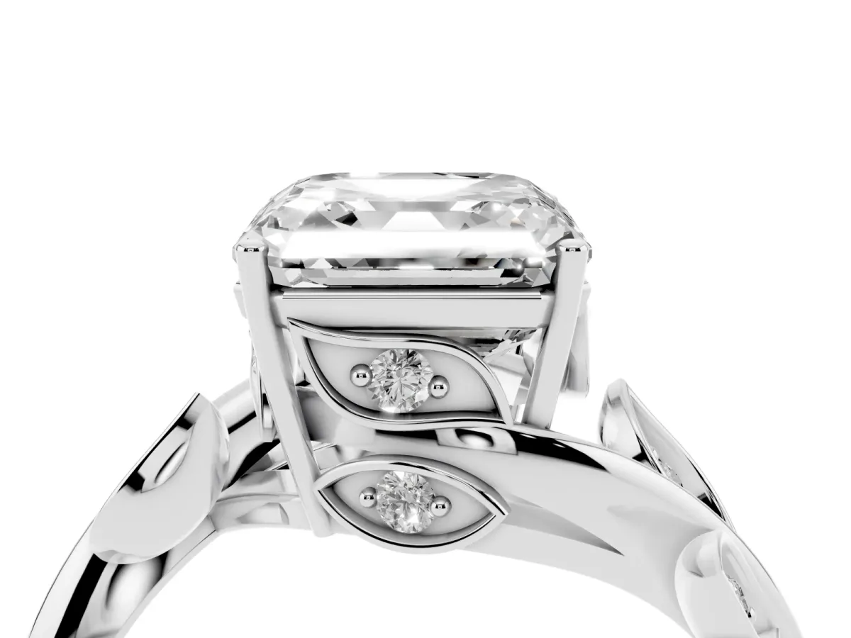 Asscher Cut Solitaire Twist Engagement Ring with Leaf Accents and Prong Setting Silver