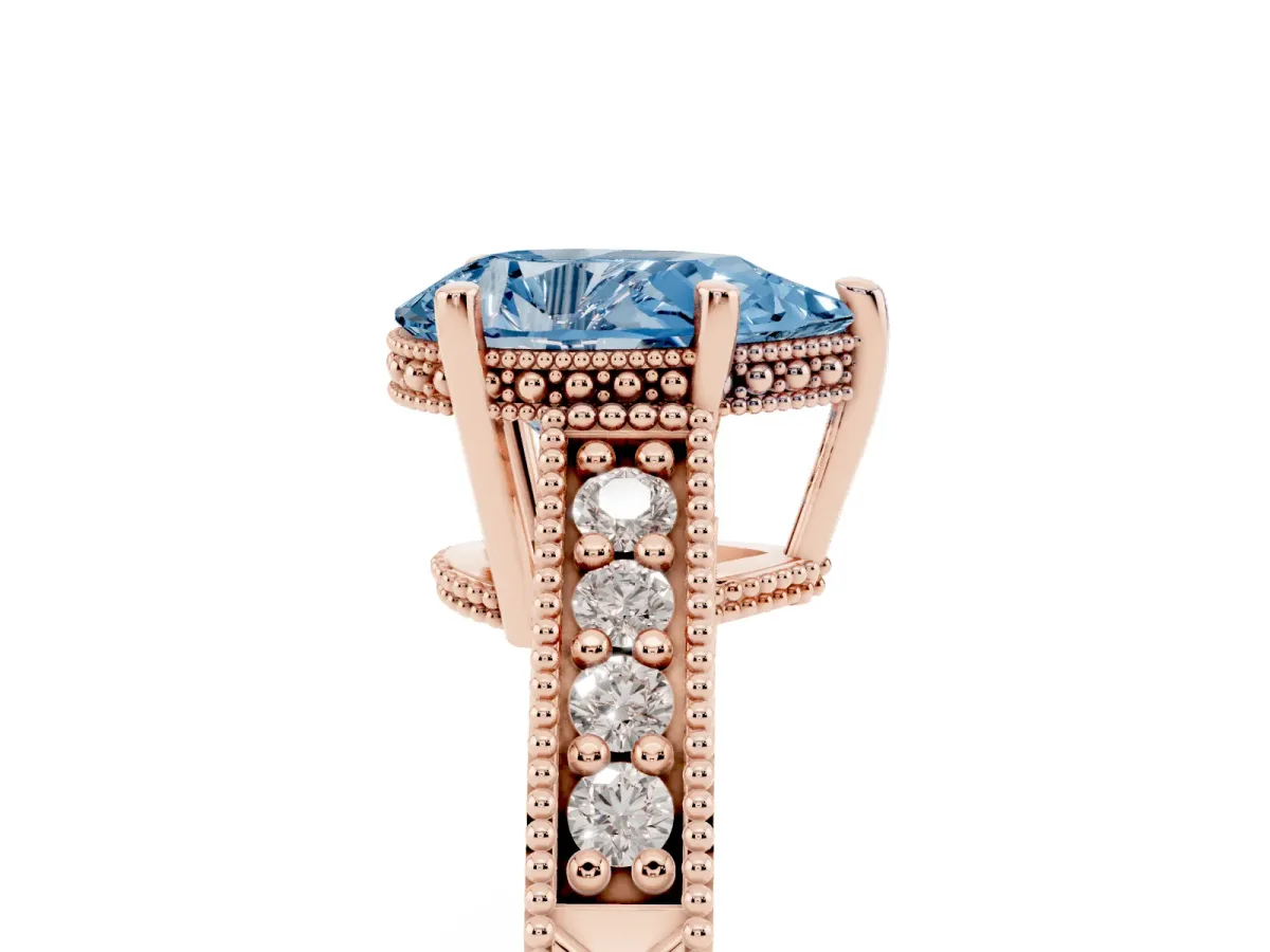 Fancy Blue Pear Cut Solitaire Pavé Diamond Milgrain Engagement Ring with Four-Prong Setting Rose gold