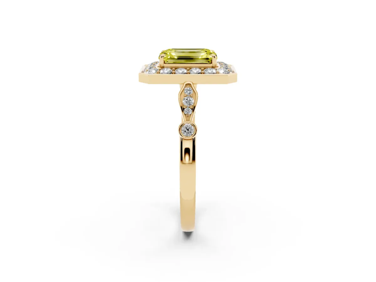 Fancy Yellow Emerald Cut Halo Diamond Engagement Ring with Twisted Band and Four-Prong Setting Yellow gold