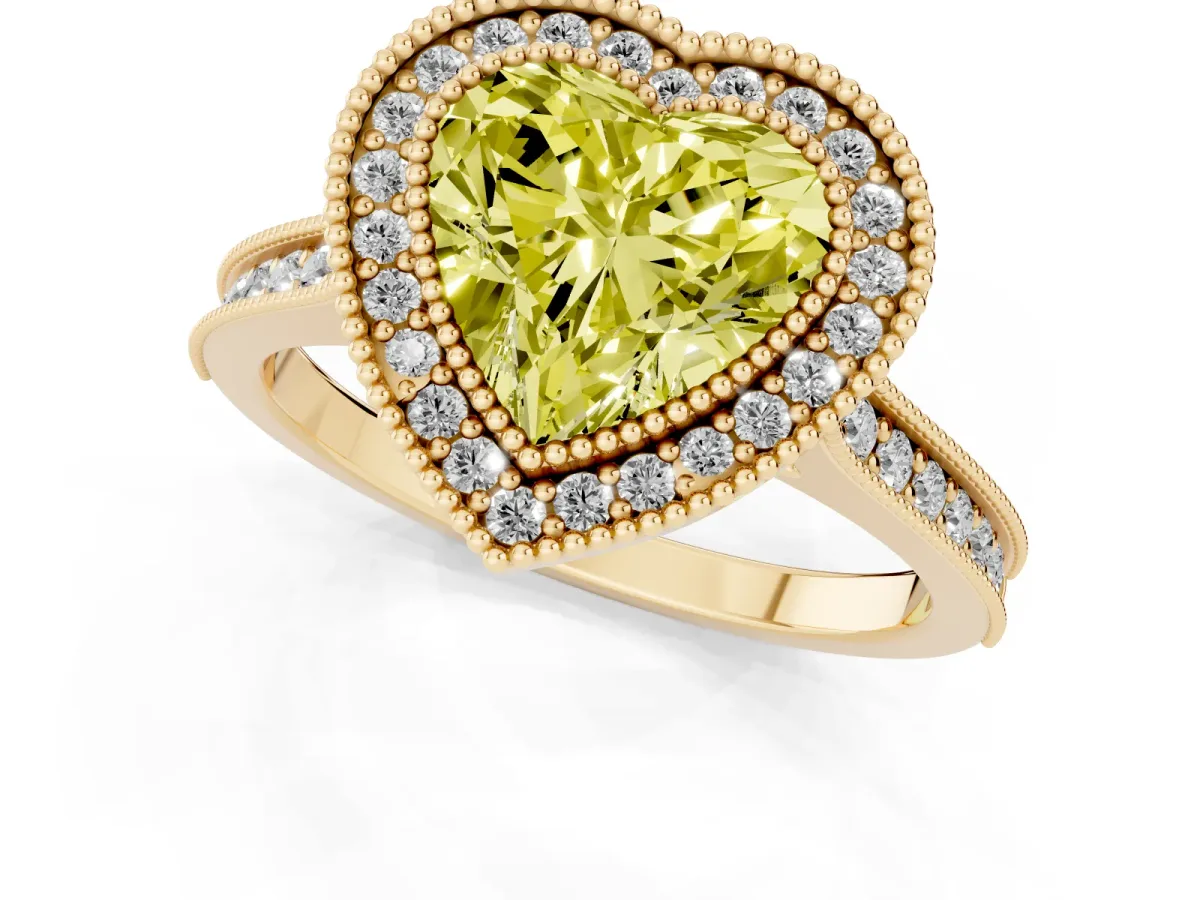 Fancy Yellow Halo Heart Cut-Cut Diamond Pave Band Milgrain Prong Setting Ring Yellow gold