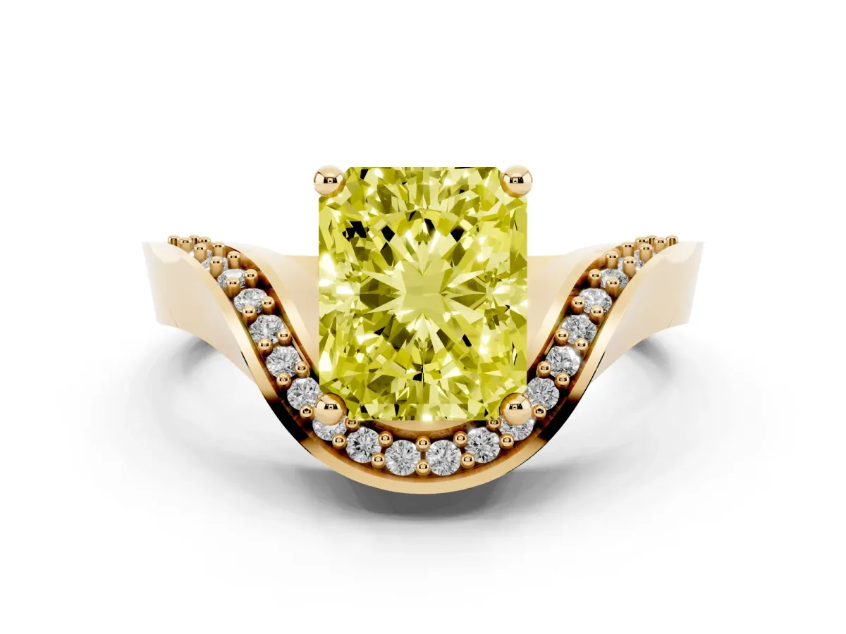 Fancy Yellow Radiant Cut Solitaire Diamond Engagement Ring with Pave Band and Four-Prong Setting Yellow gold