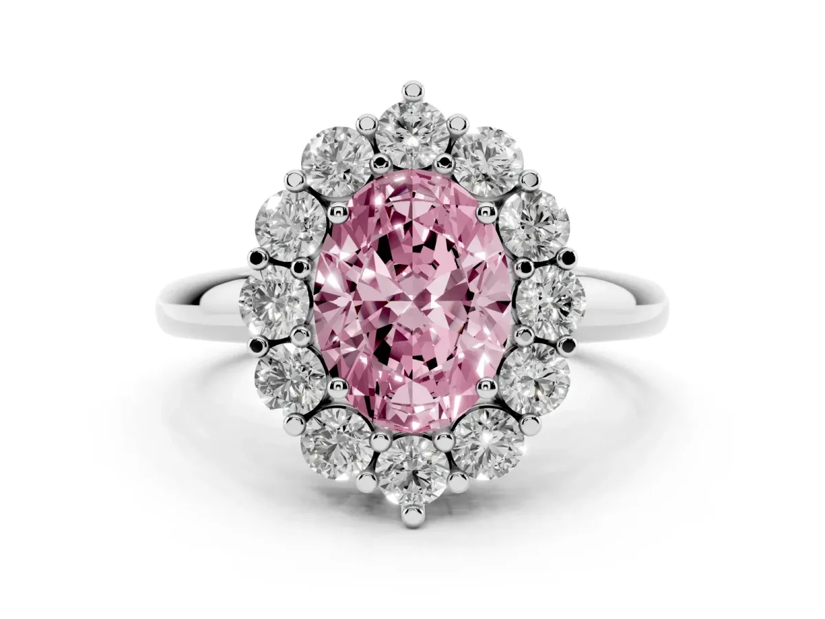 Fancy Pink Oval Cut Halo Cluster Diamond Engagement Ring with Prong Setting and Polished Band Platinum