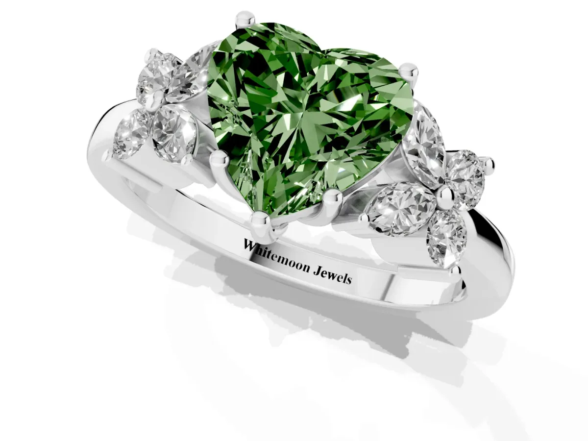 Fancy Green Heart Cut Diamond Floral Cluster Ring with Solitaire Band and Prong Setting Platinum